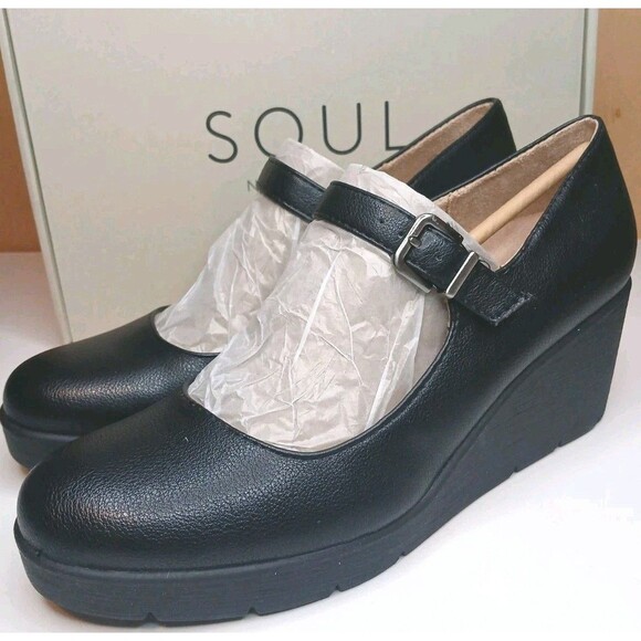 Soul Naturalizer Sz 9.5 Adore Black Tumble Faux Leather Mary Jane Wedge Heels - Picture 2 of 14